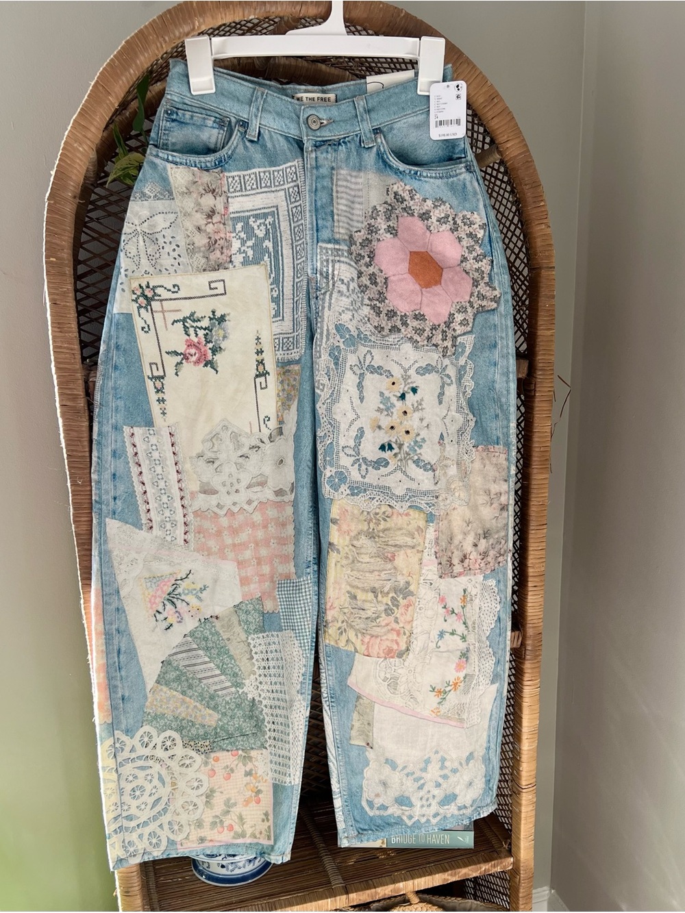 NWT Free People Patchwork Barrel Jeans - Sky Combo Print Free People Button Fly